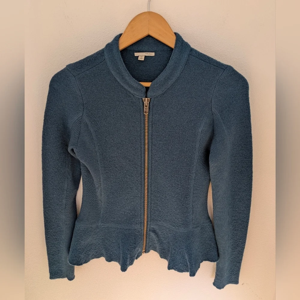 Halogen Nordstrom Women’s Petrol Peplum 100% Merino Wool Zip Up Jacket Sz XS EUC - Picture 2 of 16